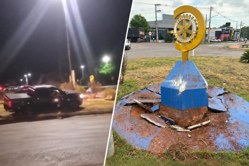 Caminhonete invade rotatória e danifica estrutura de monumento do Rotary Club no interior de MT