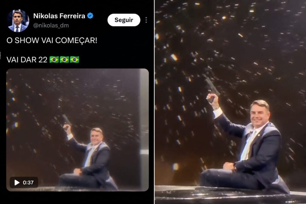Nikolas Ferreira divulga vídeo feito com IA de Flávio Bolsonaro atirando com fuzis e lançando míssil; vídeo
