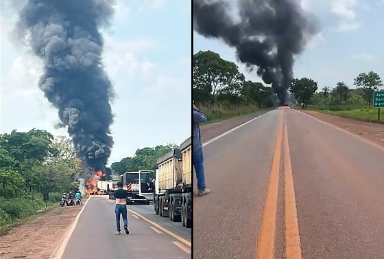 Colisão entre carretas deixa dois mortos e provoca incêndio na BR-364 em MT